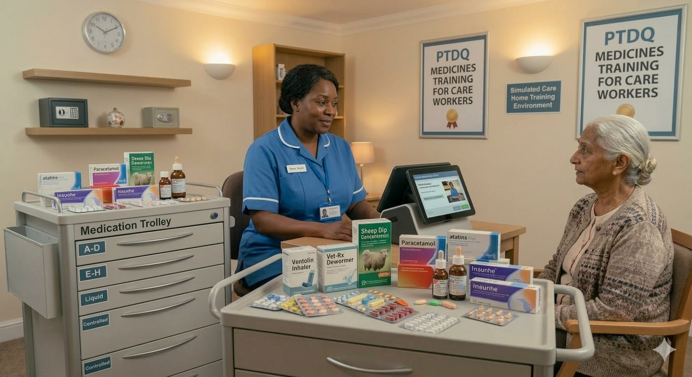 Nurse in blue uniform assists an elderly woman at a medication trolley with boxes and pills on the table in a clinic-like training room.